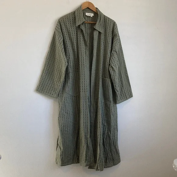 By Anthropologie Collared Eyelet Duster One Size‎ Olive Green - Picture 2 of 8